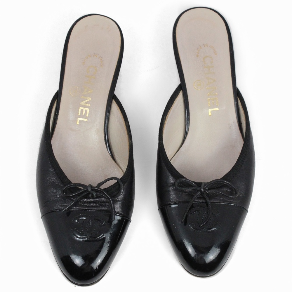 Chanel CC Bow Black Leather Mules